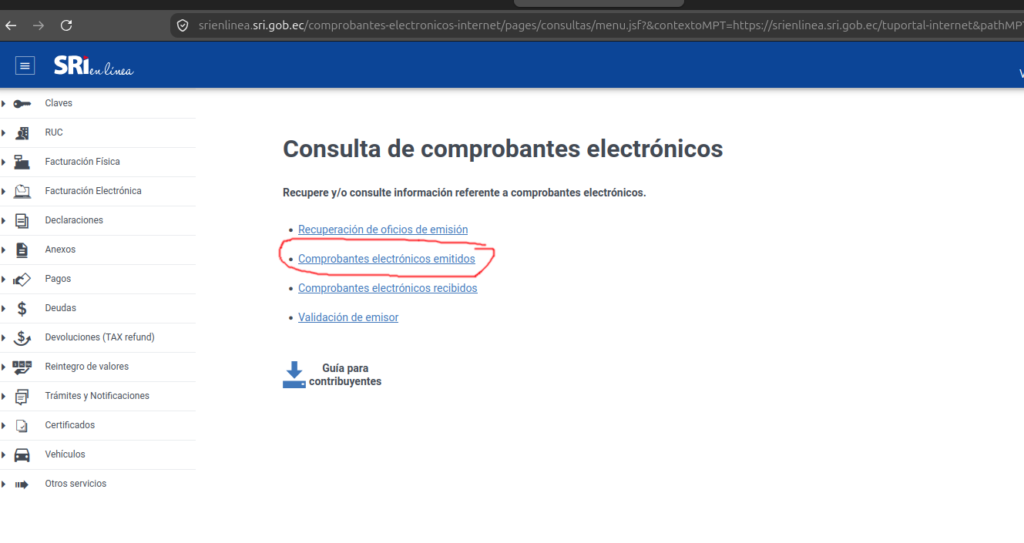 Menú comprobantes electrónicos emitidos