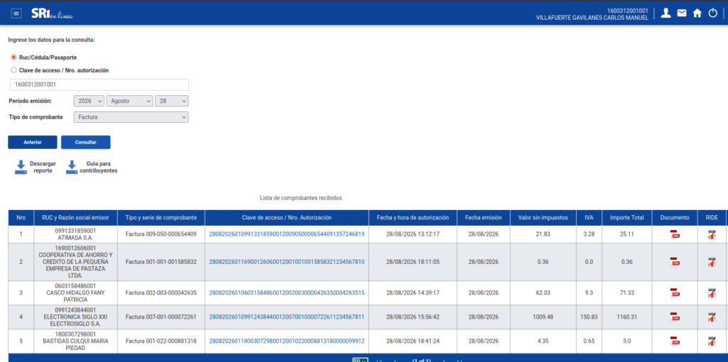 Listado de comprobantes electrónicos recibidos con opción de descarga en XML y PDF