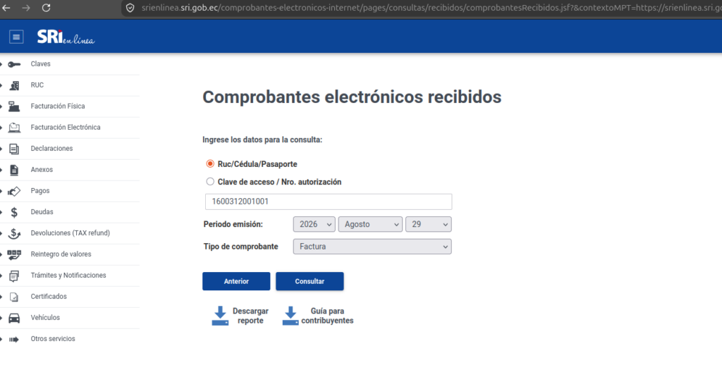 Filtros de período y tipo de comprobante para consultar facturas recibidas en el SRI