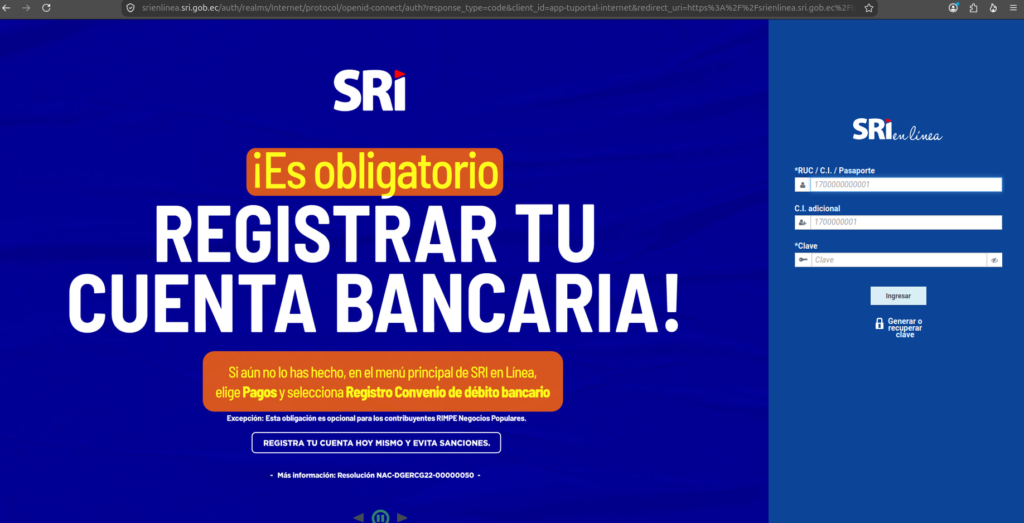 Formulario de ingreso con RUC y clave al portal del SRI